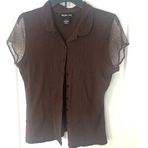 Style and Co. Brown Sheer Button-Up Women's Top